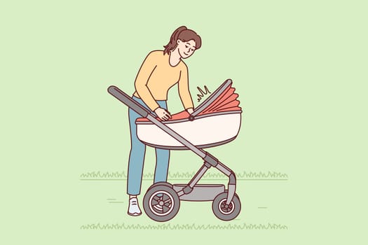 Caring woman walks with kid in stroller soothing crying toddler and adjusting blanket or checking diaper. Loving mother courting son or daughter walking outdoors. Flat vector illustration