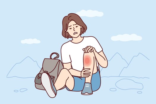 Weakened woman sits on ground with fear looks at wound on leg after fall during walk. Traveler girl was injured during hike and needs healing ointment or dressing of fracture site. Flat vector image