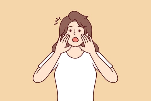 Woman screams loudly with mouth wide open and holds hands near face to tell others important news. Frightened girl tries to call for help using palms instead of megaphone. Flat vector design