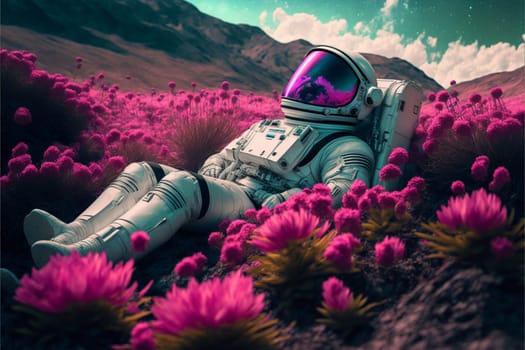 Astronaut on beautiful pink planet with lush vegetation and flowers, digital art