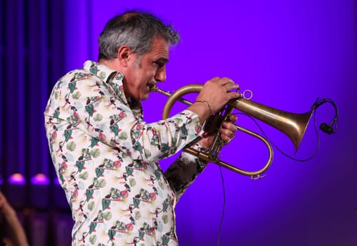 Cracow, Poland - July 4, 2022: Adam Baldych Quartet and Paolo Fresu live on stage of  Krakow Philharmonic at Summer Jazz Festival in Cracow, Poland