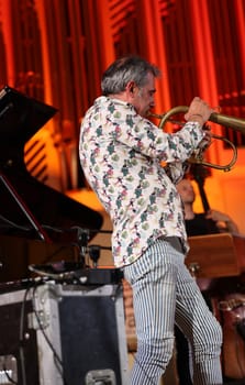 Cracow, Poland - July 4, 2022: Adam Baldych Quartet and Paolo Fresu live on stage of  Krakow Philharmonic at Summer Jazz Festival in Cracow, Poland