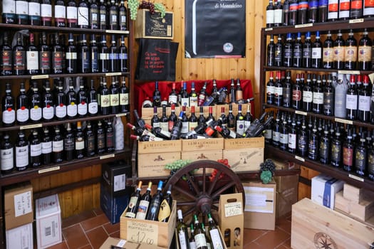 Montalcino, Italy - September 12, 2022: Interior of a wine shop in Montalcino ,Tuscany, Italy. Montalcino is famous for its Brunello di Montalcino wine.