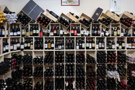 Montalcino, Italy - September 12, 2022: Interior of a wine shop in Montalcino ,Tuscany, Italy. Montalcino is famous for its Brunello di Montalcino wine.