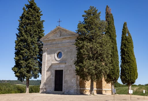 Capella Di Vitaleta in countryside between San Quirico and Pienza in Val d Orcia Tuscany. Italy