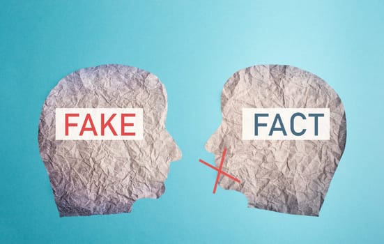 Fake or fact on a head, false and truth information, propaganda and conspiracy theory concept, media and manipulation, cancel culture