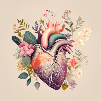 Human heart with flowers, love and emotion concept, good hearted person, help and charity, generative AI