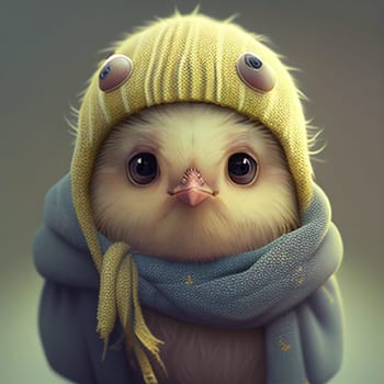 Cute easter chick bird with clothes, pastel color, spring holiday greeting card, fairy tale character, love and emotion, generative AI