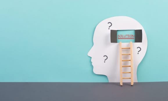 Mind full of question marks, open window to the brain to find solution, brainstorming for ideas, improve and motivation concept, ladder of success