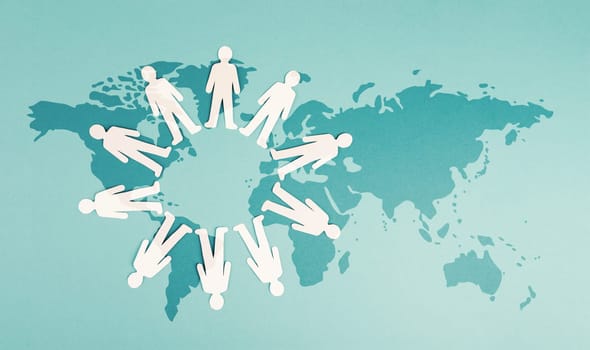 Group of men staning in a circle, on the world map, global communication, network and business, globalisation and friendship