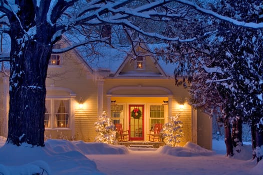 A New England home decorated for christmas in Grand Isle, Vermont.
