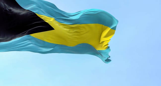 Close-up view of the Bahamas national flag waving in the wind. Black triangle on hoist, aquamarine-gold-aquamarine horizontal bands.. Rippled fabric. Textured background. Realistic 3d illustration