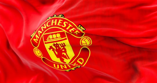 Manchester, UK, jan 2023: The flag of Manchester United waving. Manchester United FC based in Old Trafford. Rippled fabric. Textured background. Selective focus. 3d illustration render