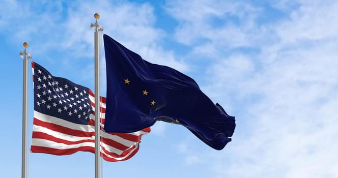Alaska state flag waving alongside the national flag of the United States on a sunny day. Alaska flag is blue with Big Dipper and Polaris stars. Realistic 3d illustration. Rippled fabric