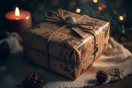 Abstract Holiday Background - Christmas Gift With Ornament And Defocused Lights
