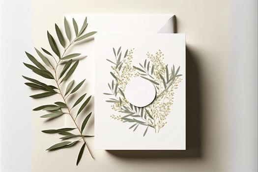 Blank paper sheet card with mockup copy space on olive leaves, flat lay, top view.