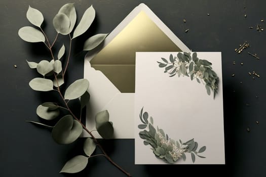 Blank paper sheet card with mockup copy space on eucalyptus leaves, flat lay, top view.