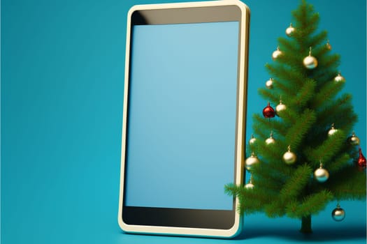 Christmas trees and smartphone, social media, marketing, advertising, online shopping concept