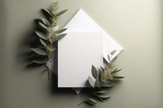 Blank paper sheet card with mockup copy space on sage leaves, flat lay, top view.