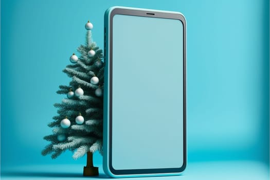 Christmas trees and smartphone, social media, marketing, advertising, online shopping concept