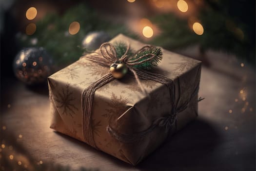 Abstract Holiday Background - Christmas Gift With Ornament And Defocused Lights