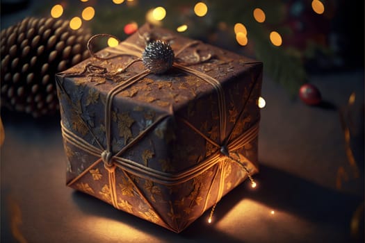 Abstract Holiday Background - Christmas Gift With Ornament And Defocused Lights