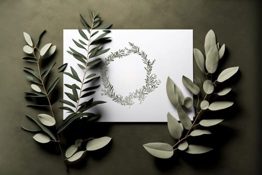 Blank paper sheet card with mockup copy space on sage leaves, flat lay, top view.