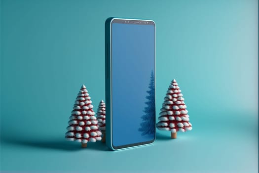 Christmas trees and smartphone, social media, marketing, advertising, online shopping concept