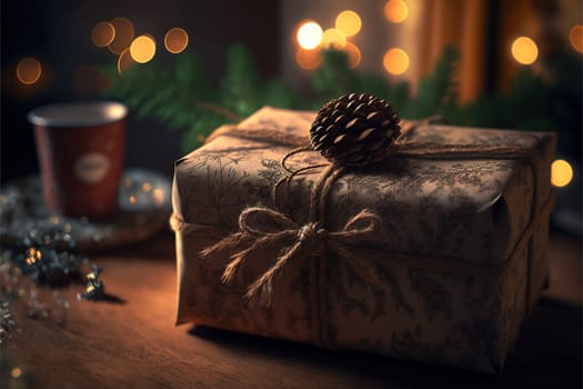 Abstract Holiday Background - Christmas Gift With Ornament And Defocused Lights