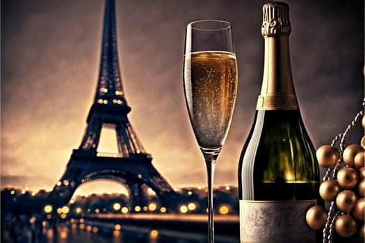 Champagne and Eiffel tower, New Year in Paris