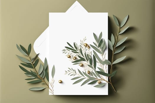 Blank paper sheet card with mockup copy space on olive leaves, flat lay, top view.