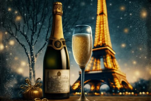 Champagne and Eiffel tower, New Year in Paris