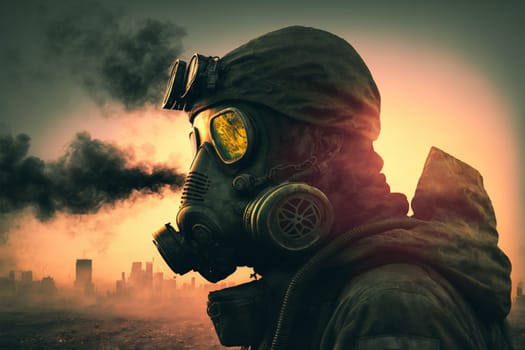 Man in a gas mask shrouded in smoke, walking in a dangerous radioactive zone. Post-Apocalypse, nuclear war, environmental disaster concept.3D illustration