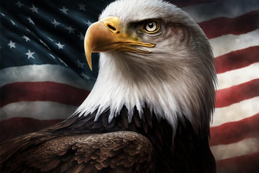 Patriotic eagle flying in front of US flag. United States of America patriotic symbols.