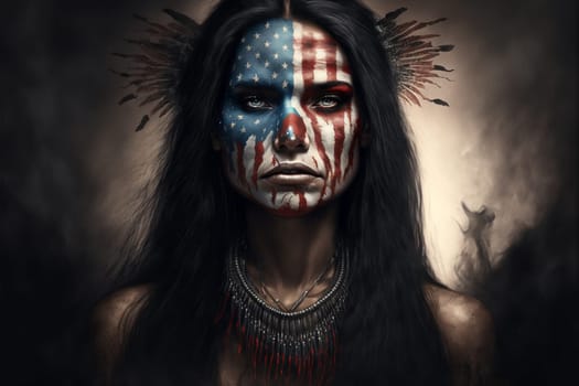 Portrait of a woman with the flag of the USA painted on her face.