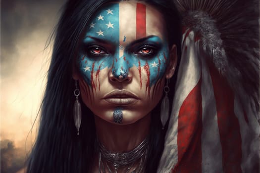 Portrait of a woman with the flag of the USA painted on her face.