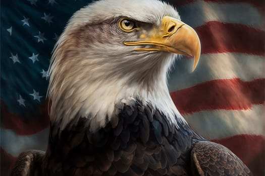 Patriotic eagle flying in front of US flag. United States of America patriotic symbols.