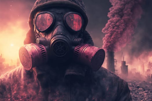Man in a gas mask shrouded in smoke, walking in a dangerous radioactive zone. Post-Apocalypse, nuclear war, environmental disaster concept.3D illustration