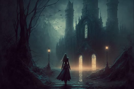 3D rendering of a ghost woman and haunted, fantasy castle in spooky Halloween night