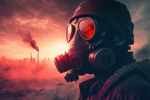 Man in a gas mask shrouded in smoke, walking in a dangerous radioactive zone. Post-Apocalypse, nuclear war, environmental disaster concept.3D illustration