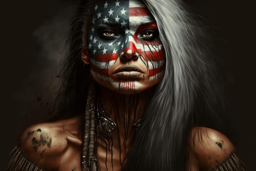 Portrait of a woman with the flag of the USA painted on her face.
