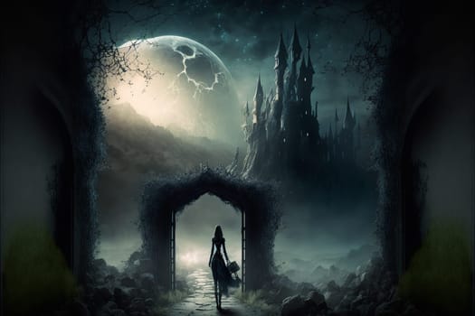 3D rendering of a ghost woman and haunted, fantasy castle in spooky Halloween night