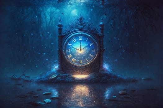 Vintage clock in fairy tale ambiance. Lost time concept