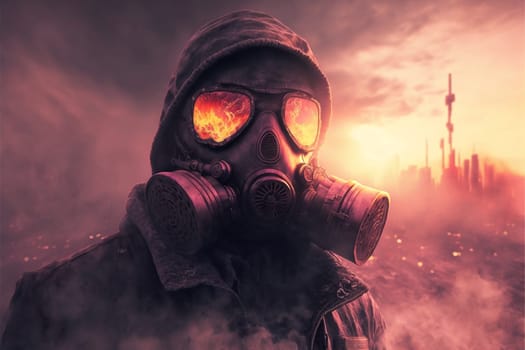 Man in a gas mask shrouded in smoke, walking in a dangerous radioactive zone. Post-Apocalypse, nuclear war, environmental disaster concept.3D illustration