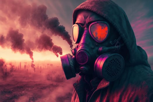 Man in a gas mask shrouded in smoke, walking in a dangerous radioactive zone. Post-Apocalypse, nuclear war, environmental disaster concept.3D illustration