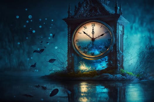 Vintage clock in fairy tale ambiance. Lost time concept