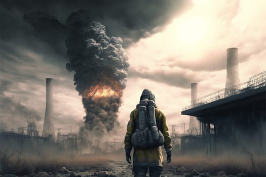 Man in a gas mask shrouded in smoke, walking in a dangerous radioactive zone. Post-Apocalypse, nuclear war, environmental disaster concept.3D illustration