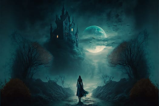 3D rendering of a ghost woman and haunted, fantasy castle in spooky Halloween night