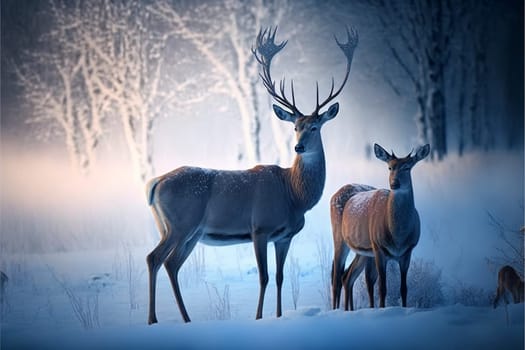Fantasy wonderful wnter landscape with deer in the snow