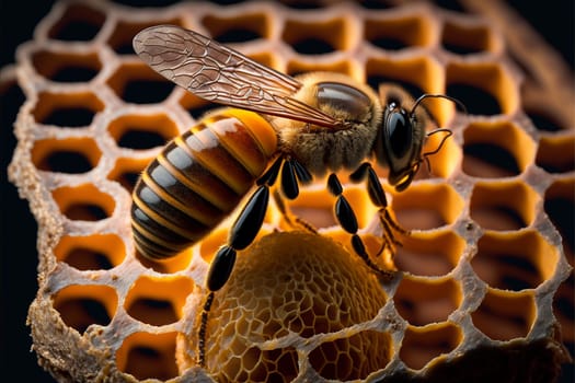 Close up on a honeycomb with bee
